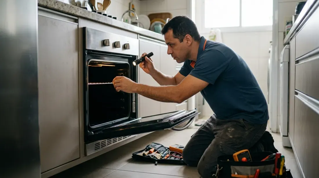 Técnico consertando forno de embutir