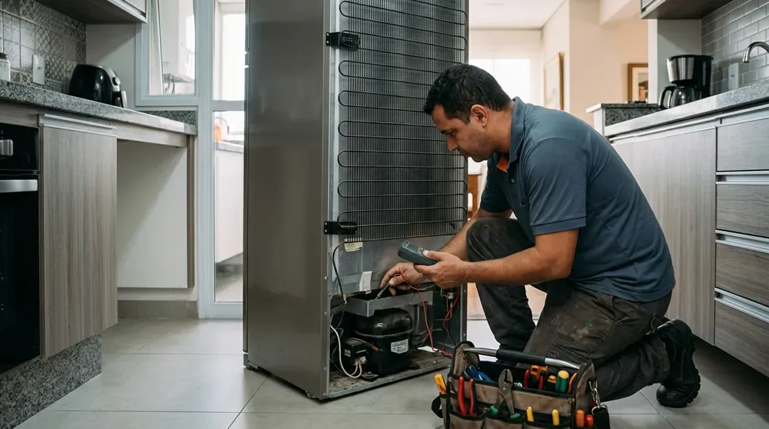 Técnico consertando geladeira em domicílio